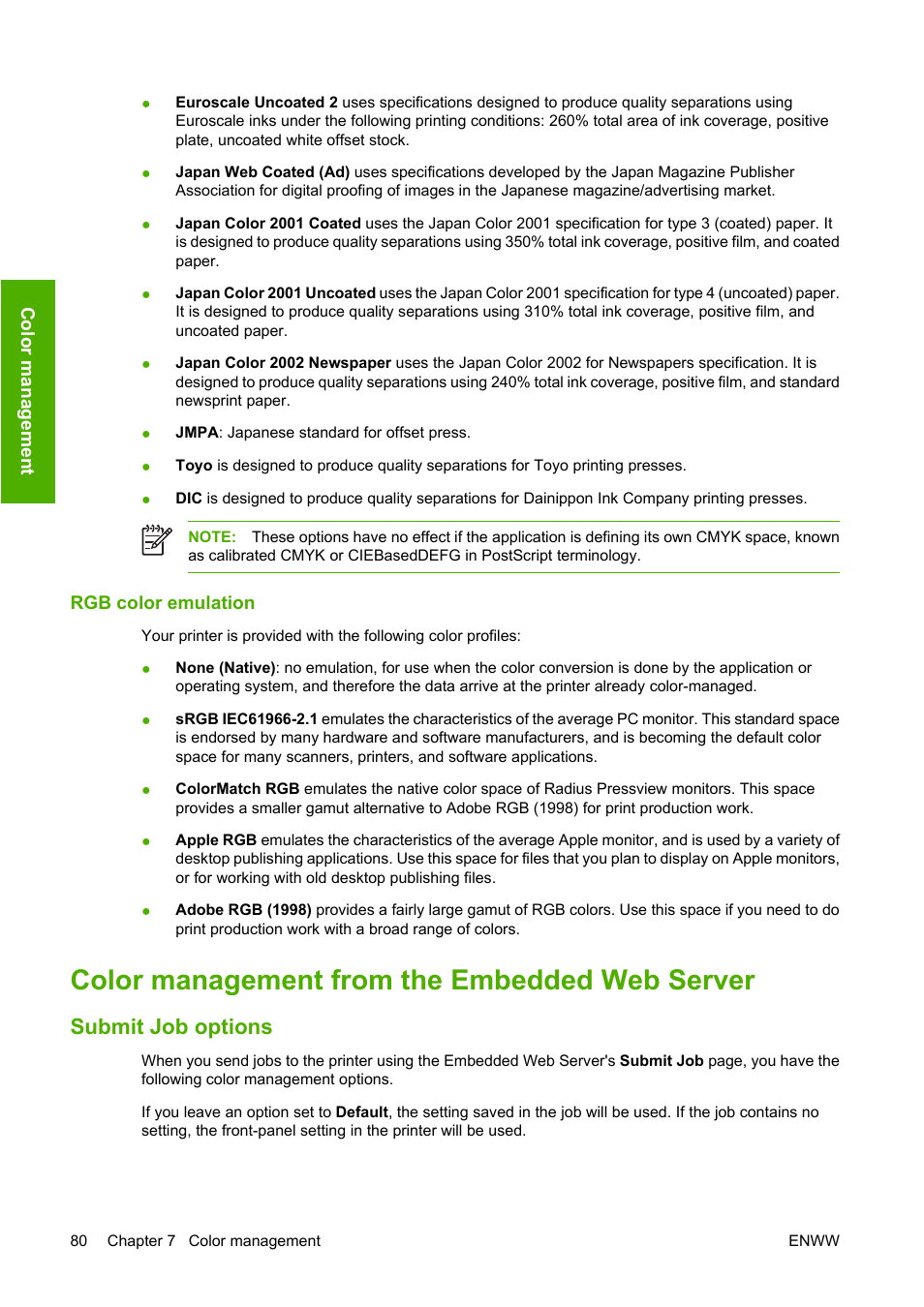 Rgb color emulation, Color management from the embedded web server, Submit job options | HP Designjet T1100 MFP series User Manual | Page 92 / 220