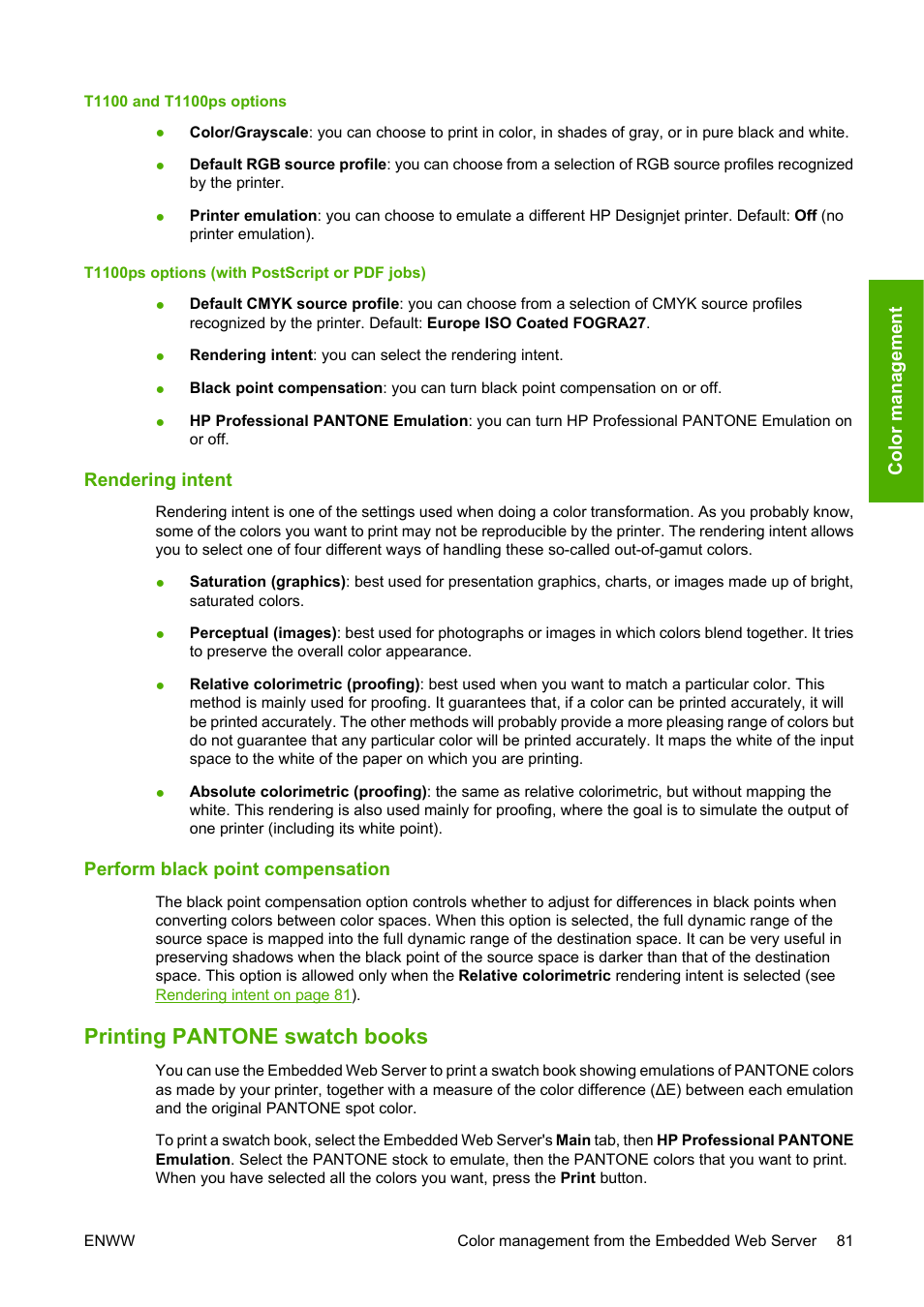 Rendering intent, Perform black point compensation, Printing pantone swatch books | Rendering intent perform black point compensation | HP Designjet T1100 MFP series User Manual | Page 93 / 220