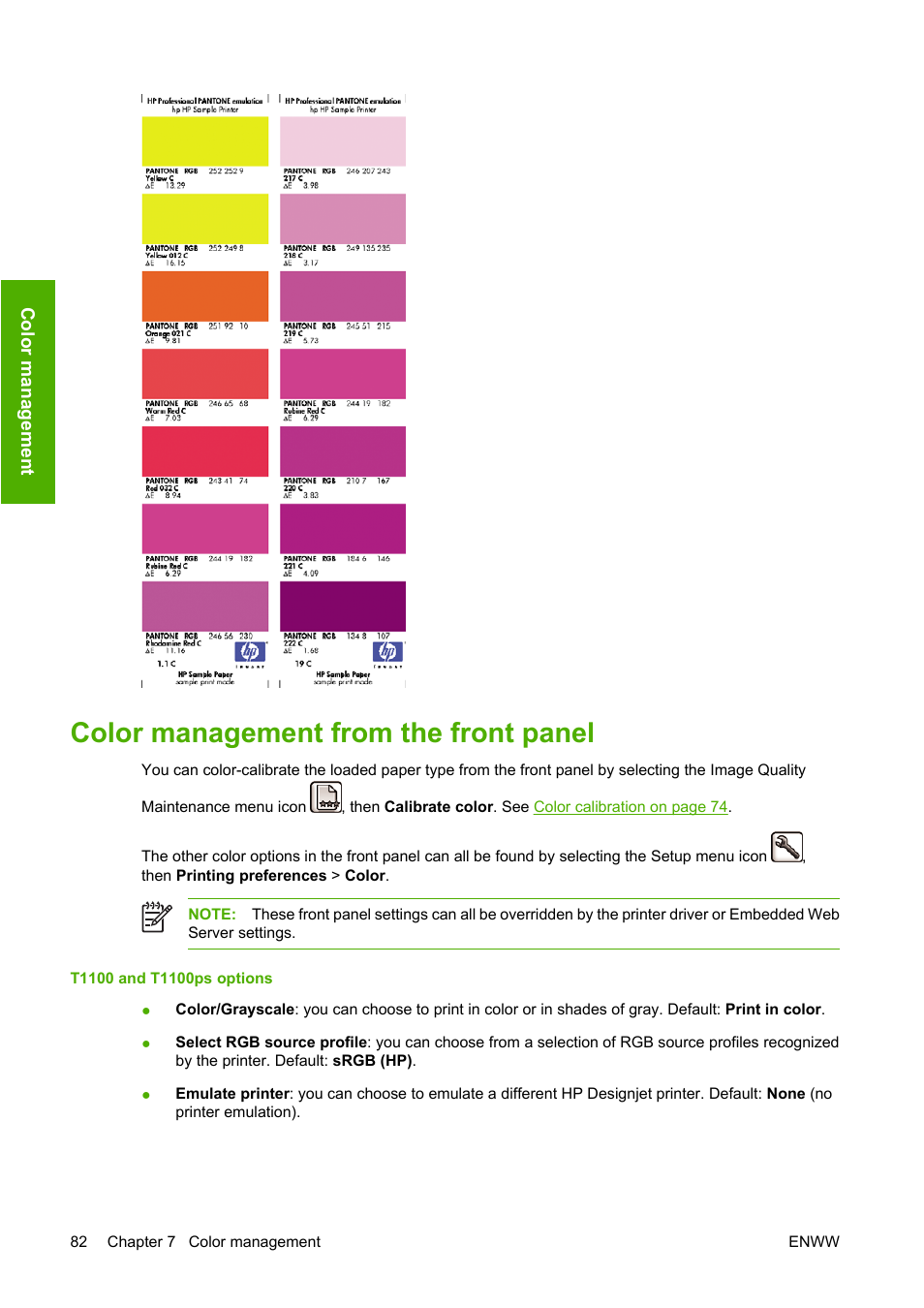 Color management from the front panel | HP Designjet T1100 MFP series User Manual | Page 94 / 220