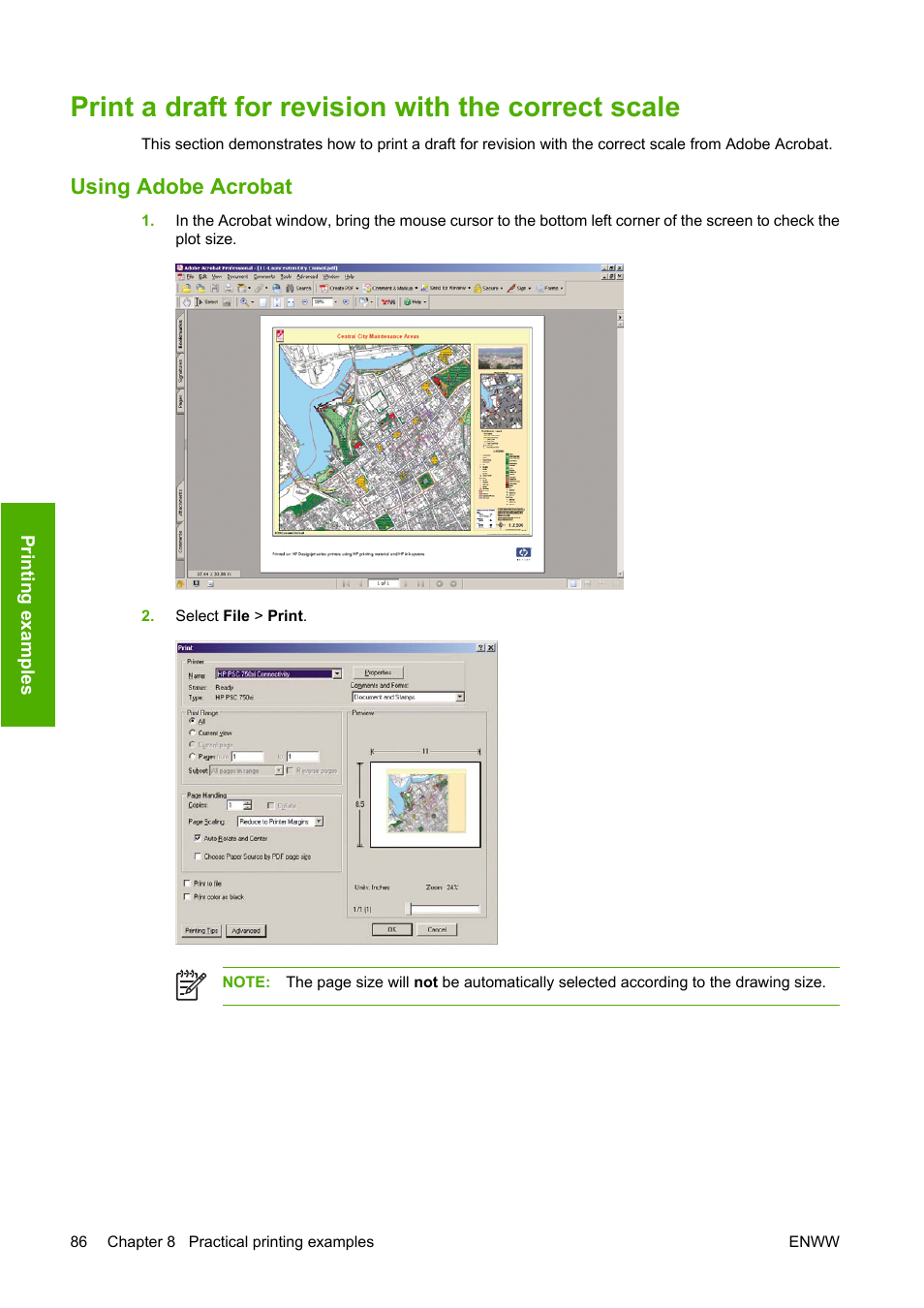 Print a draft for revision with the correct scale, Using adobe acrobat | HP Designjet T1100 MFP series User Manual | Page 98 / 220