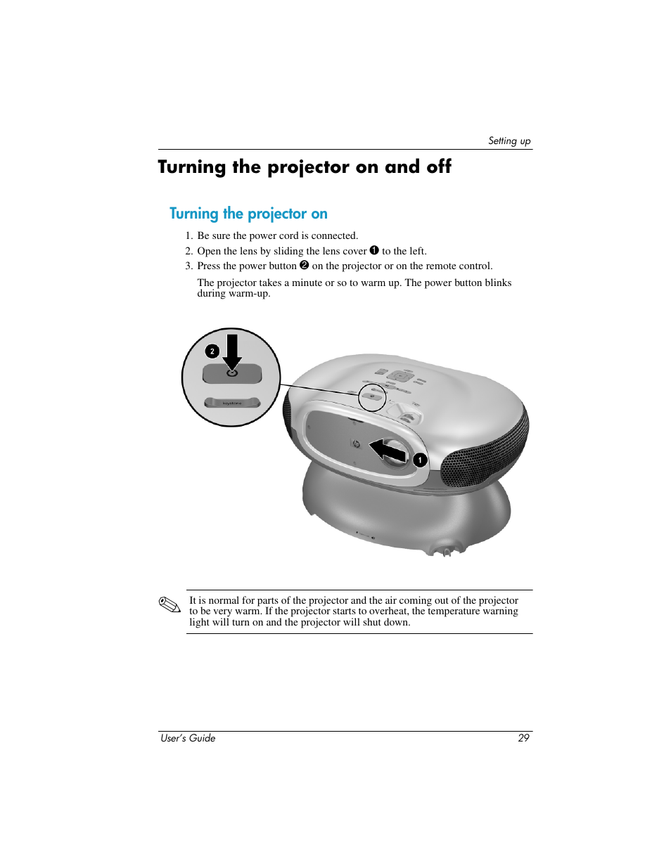 Turning the projector on and off, Turning the projector on | HP ep9012 Digital Projector User Manual | Page 29 / 85