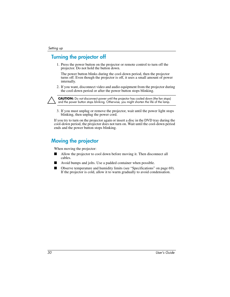 Turning the projector off, Moving the projector, Turning the projector off moving the projector | HP ep9012 Digital Projector User Manual | Page 30 / 85