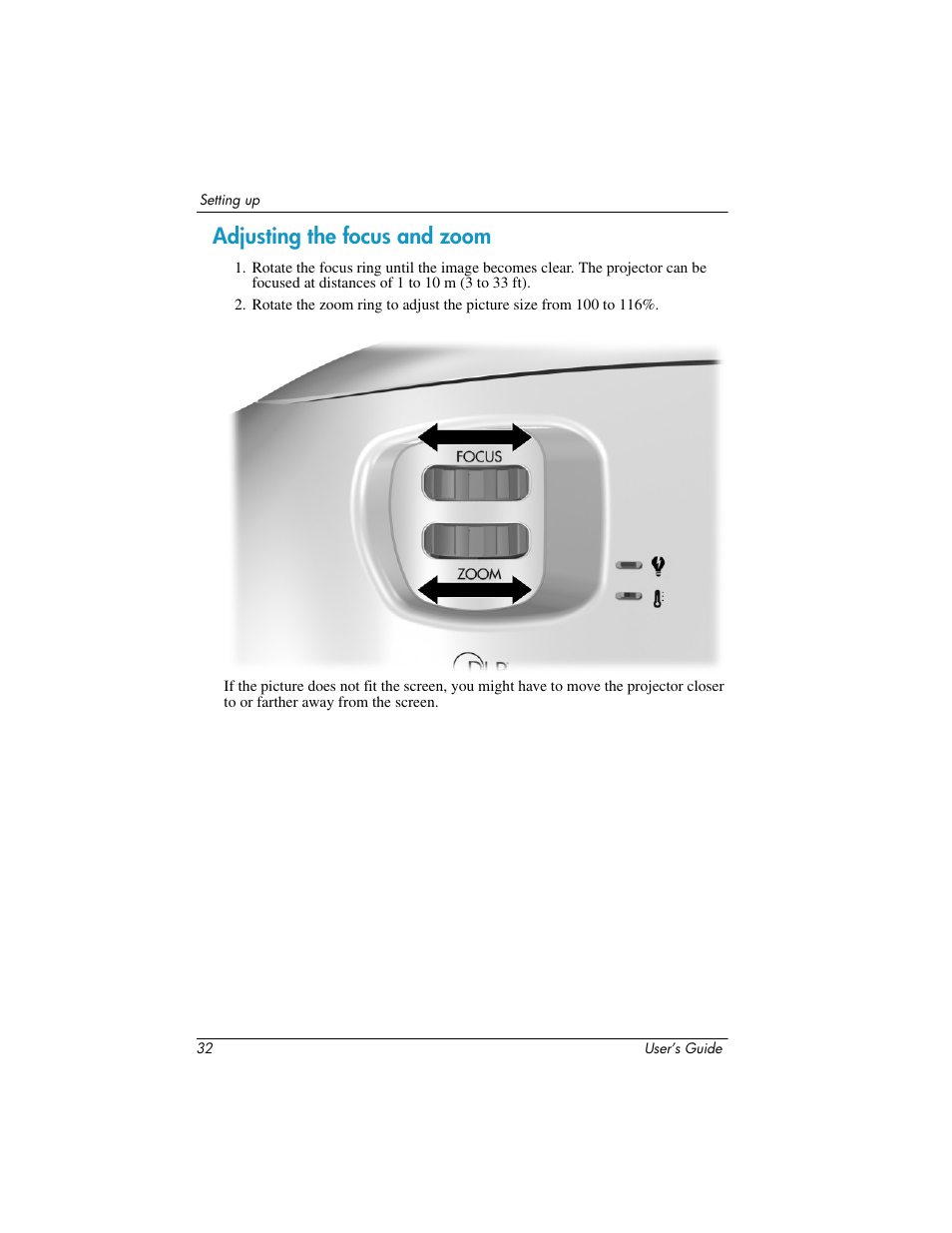 Adjusting the focus and zoom | HP ep9012 Digital Projector User Manual | Page 32 / 85