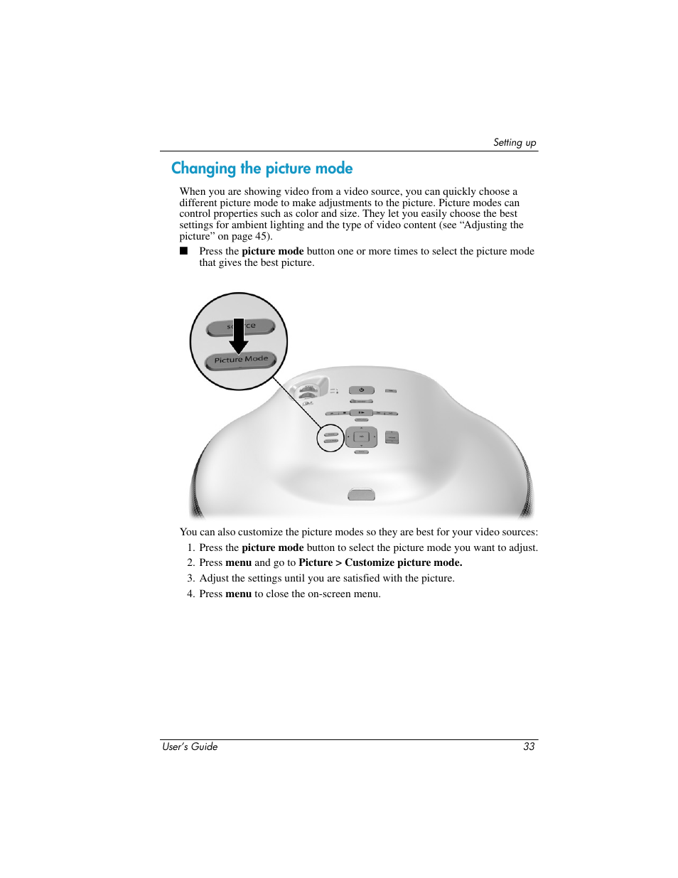 Changing the picture mode | HP ep9012 Digital Projector User Manual | Page 33 / 85