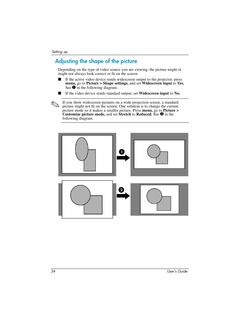 Adjusting the shape of the picture | HP ep9012 Digital Projector User Manual | Page 34 / 85