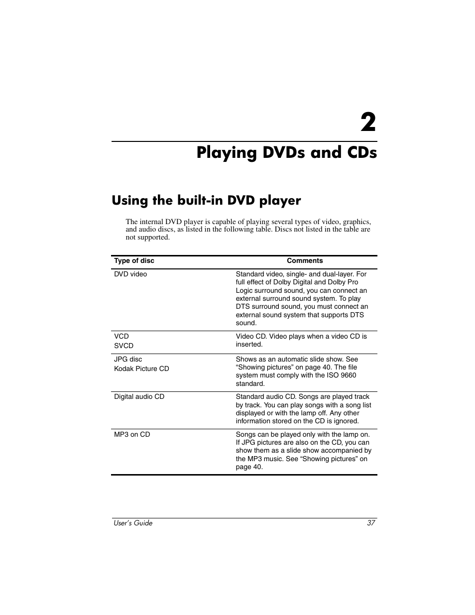 Playing dvds and cds, Using the built-in dvd player, 2 playing dvds and cds | HP ep9012 Digital Projector User Manual | Page 37 / 85