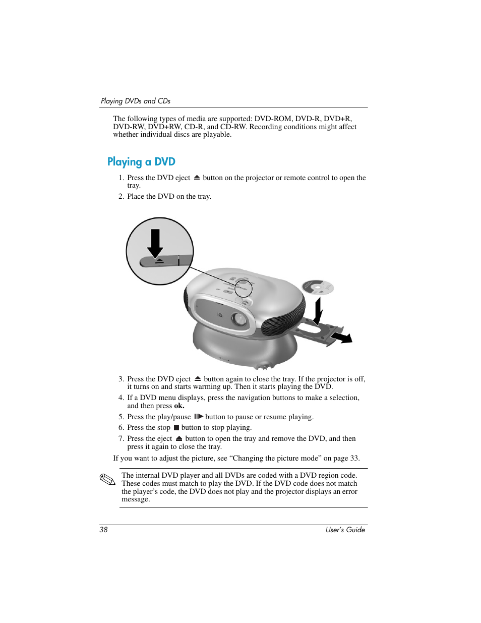 Playing a dvd | HP ep9012 Digital Projector User Manual | Page 38 / 85