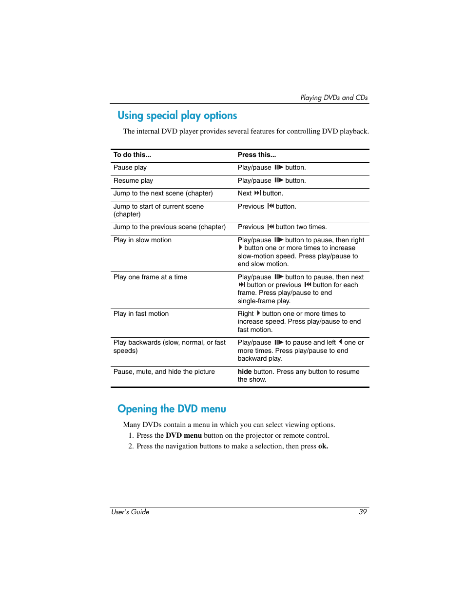 Using special play options, Opening the dvd menu, Using special play options opening the dvd menu | HP ep9012 Digital Projector User Manual | Page 39 / 85