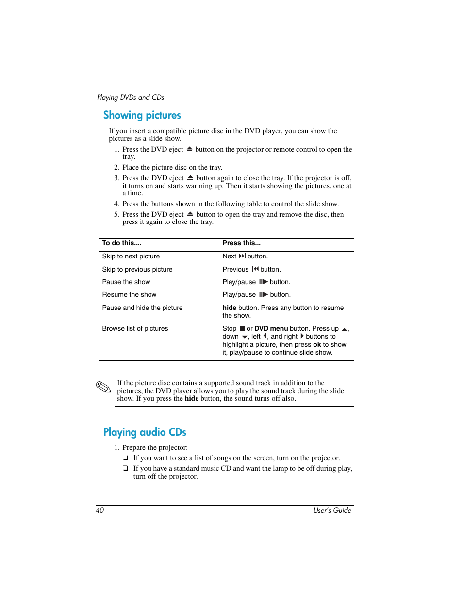 Showing pictures, Playing audio cds, Showing pictures playing audio cds | HP ep9012 Digital Projector User Manual | Page 40 / 85