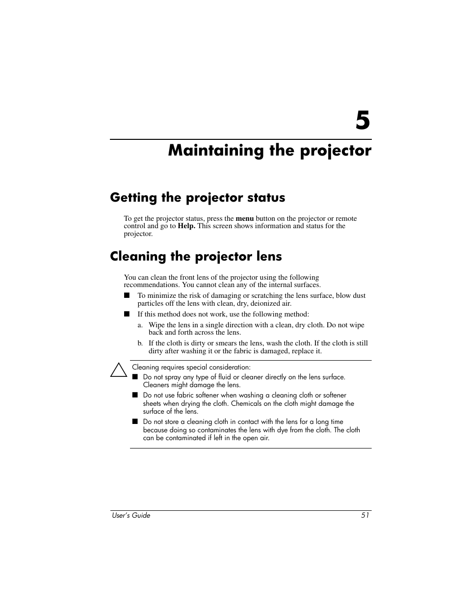 Maintaining the projector, Getting the projector status, Cleaning the projector lens | 5 maintaining the projector | HP ep9012 Digital Projector User Manual | Page 51 / 85