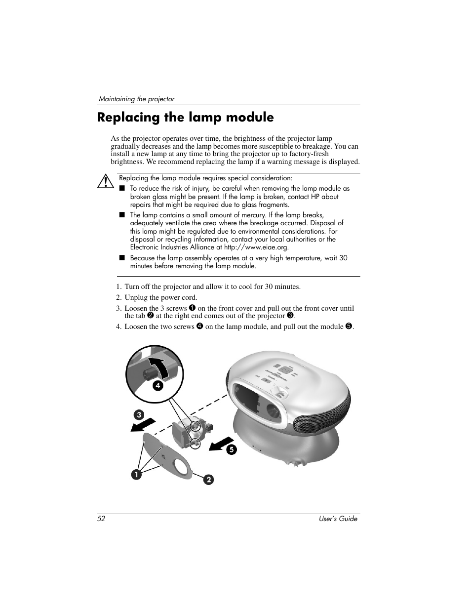 Replacing the lamp module | HP ep9012 Digital Projector User Manual | Page 52 / 85