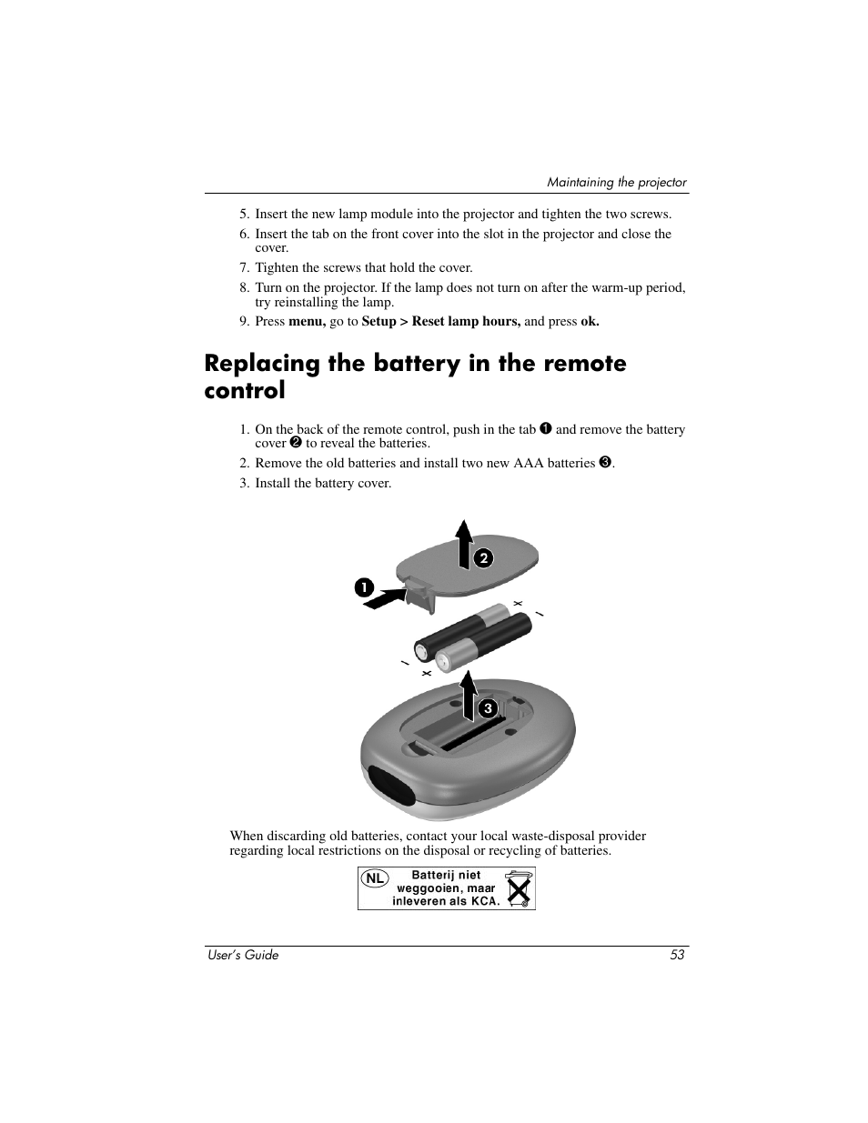 Replacing the battery in the remote control | HP ep9012 Digital Projector User Manual | Page 53 / 85