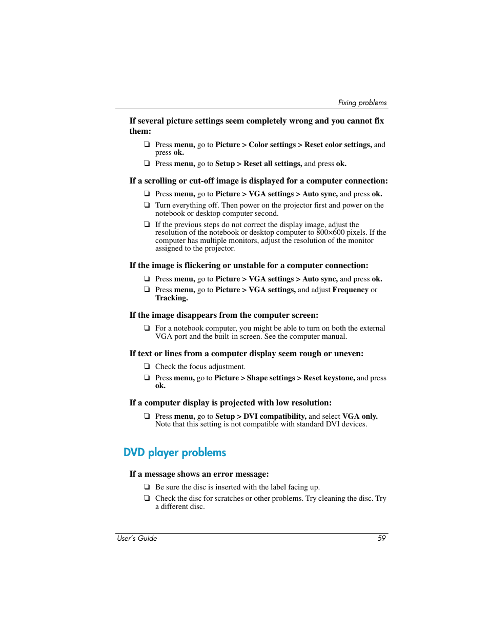 Dvd player problems | HP ep9012 Digital Projector User Manual | Page 59 / 85
