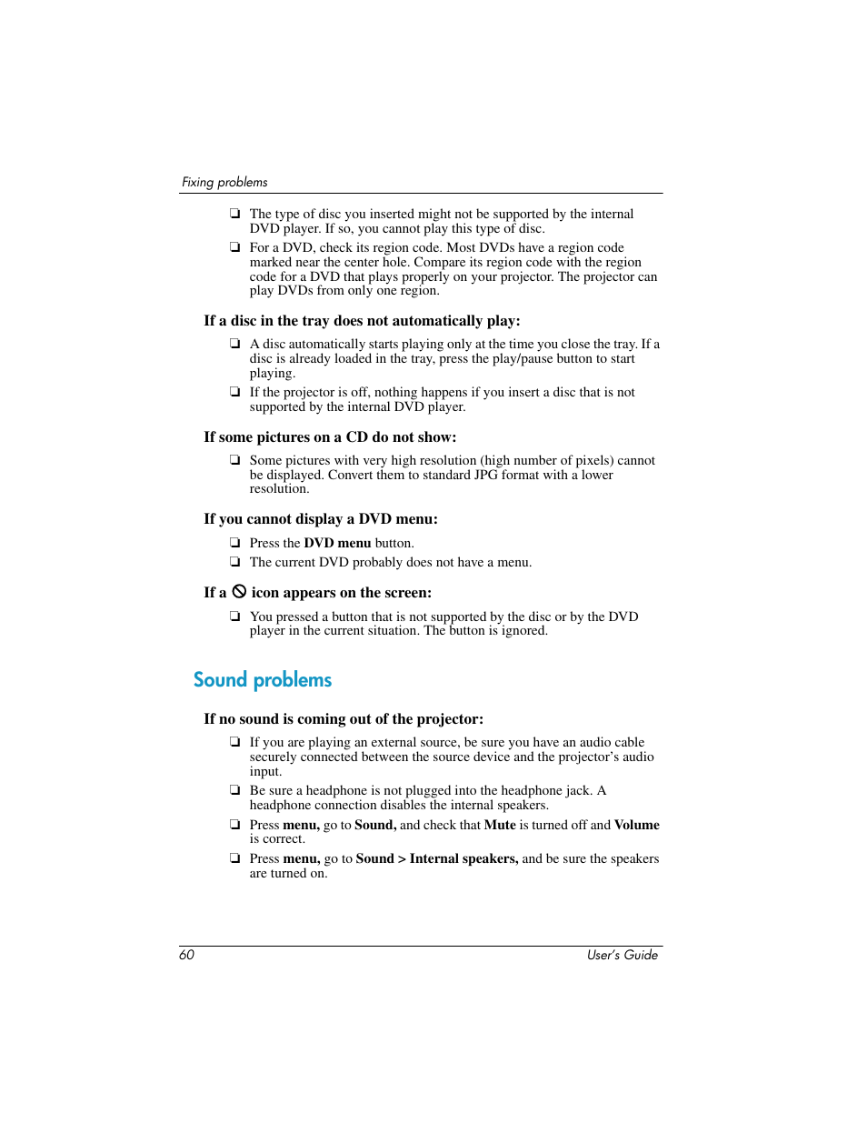 Sound problems | HP ep9012 Digital Projector User Manual | Page 60 / 85