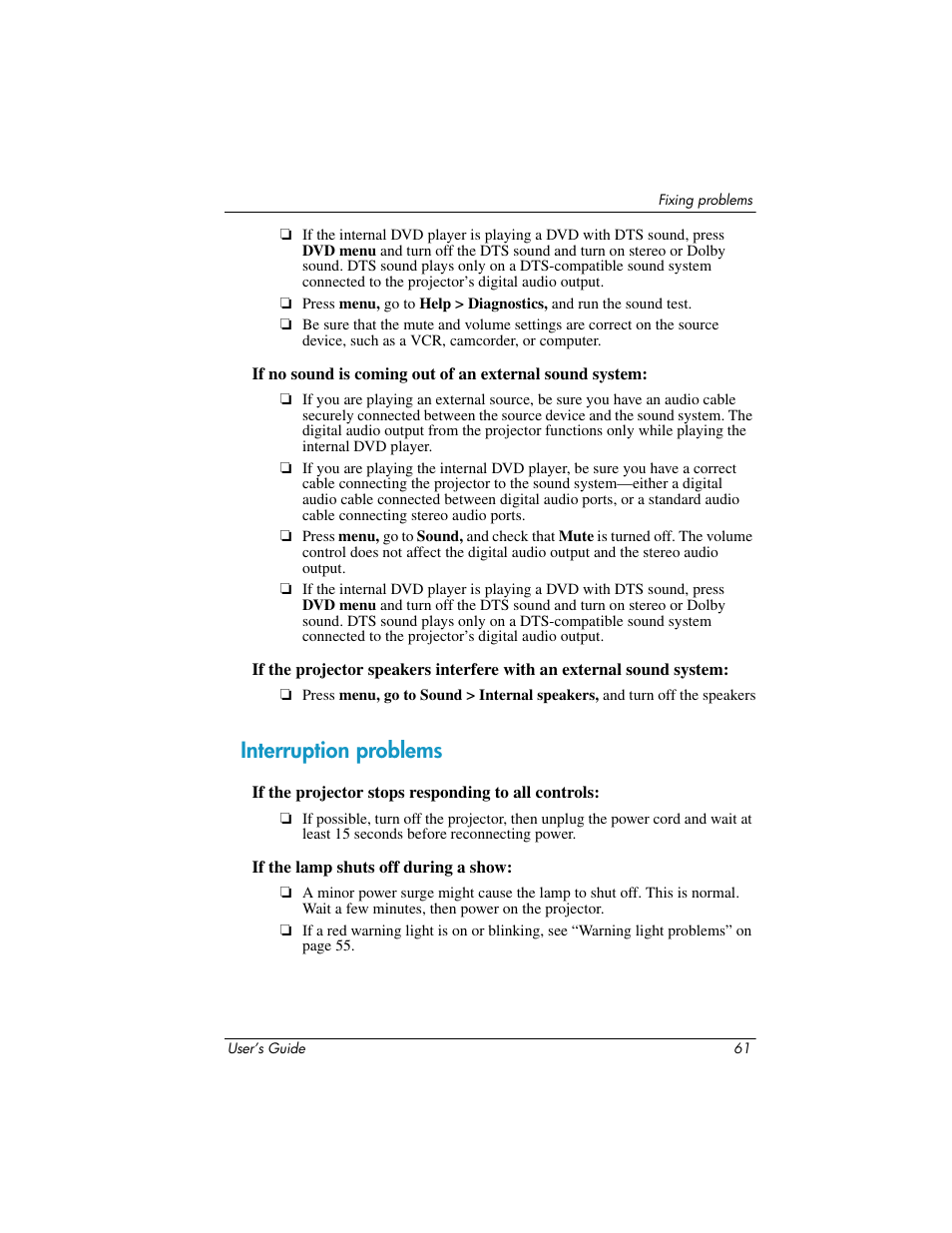 Interruption problems | HP ep9012 Digital Projector User Manual | Page 61 / 85