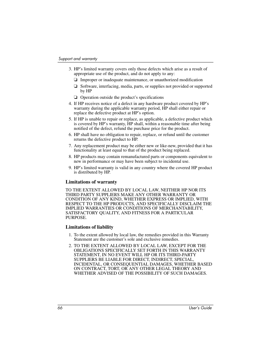 Limitations of warranty, Limitations of liability | HP ep9012 Digital Projector User Manual | Page 66 / 85