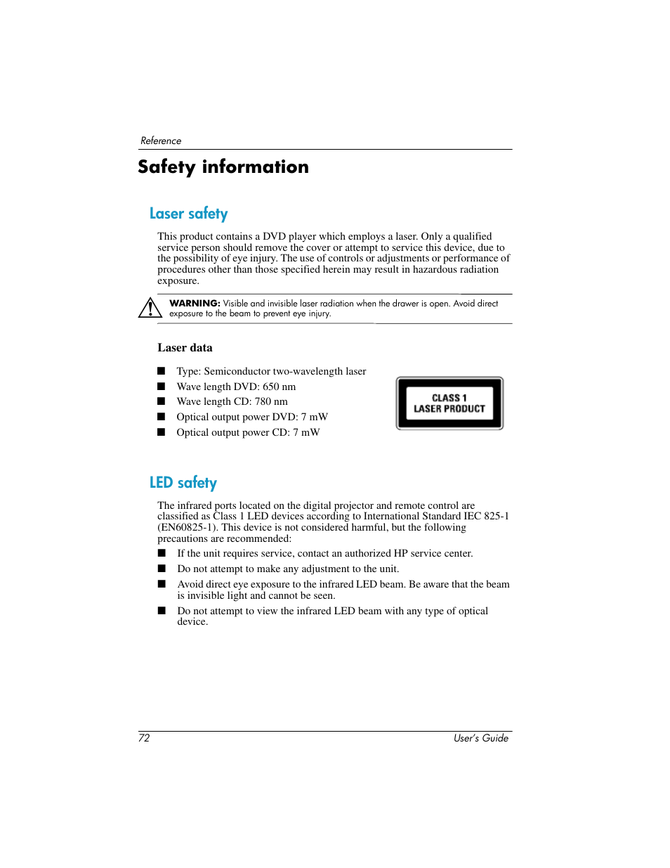Safety information, Laser safety, Laser data | Led safety, Laser safety led safety | HP ep9012 Digital Projector User Manual | Page 72 / 85