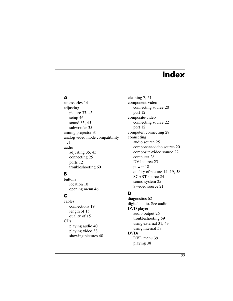 Index | HP ep9012 Digital Projector User Manual | Page 77 / 85