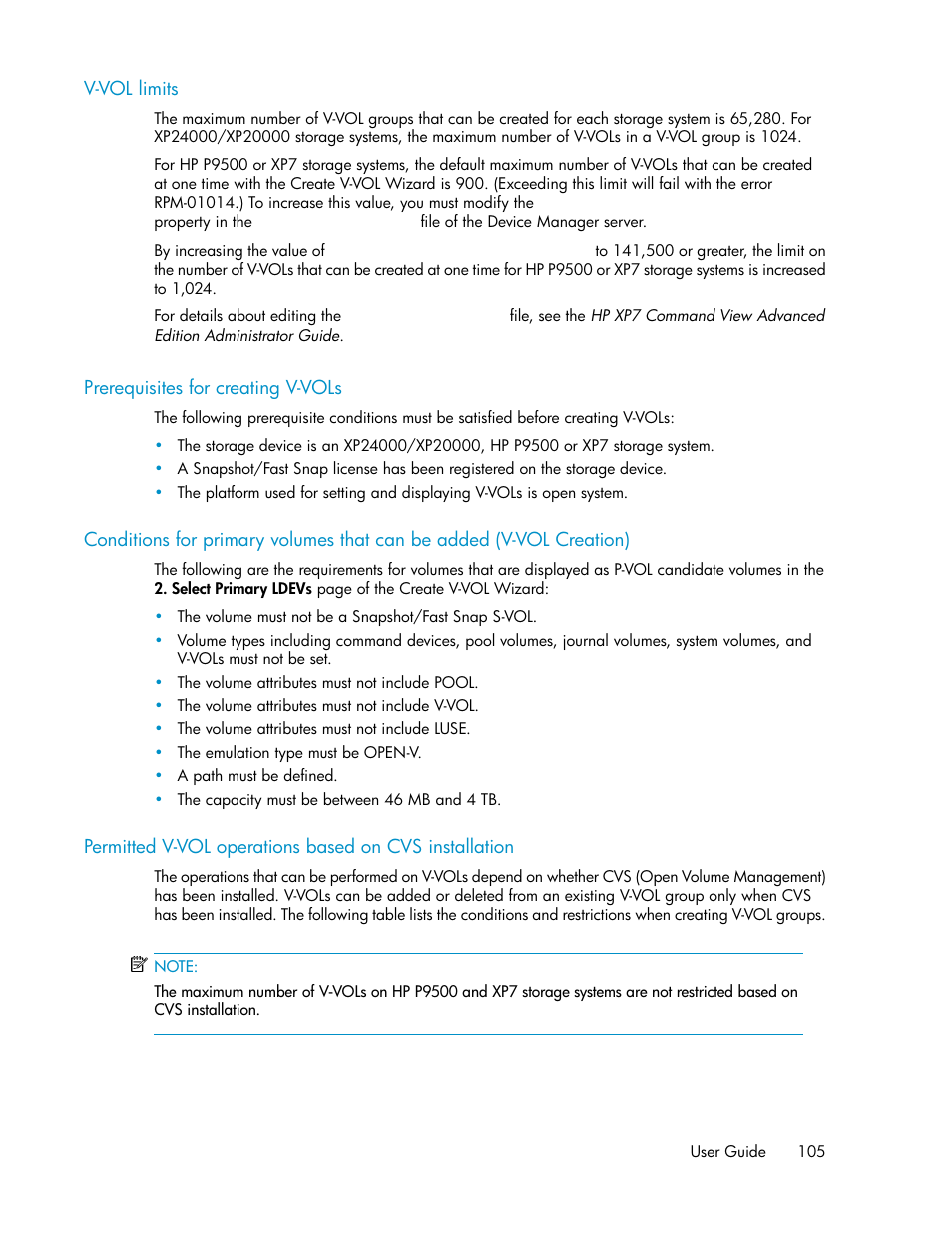 V-vol limits, Prerequisites for creating v-vols, 105 prerequisites for creating v-vols | HP XP P9000 Command View Advanced Edition Software User Manual | Page 105 / 496