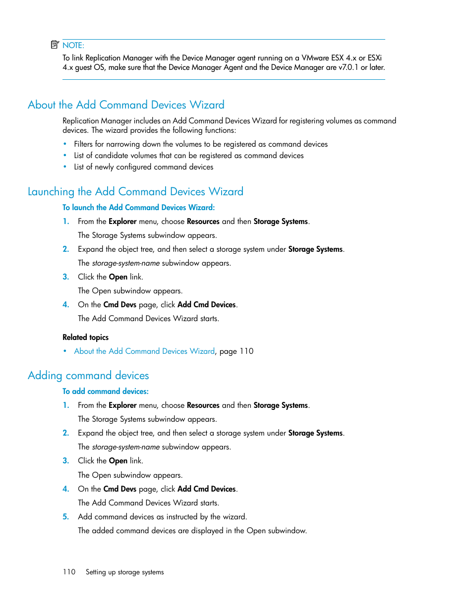 About the add command devices wizard, Launching the add command devices wizard, Adding command devices | 110 launching the add command devices wizard, 110 adding command devices | HP XP P9000 Command View Advanced Edition Software User Manual | Page 110 / 496