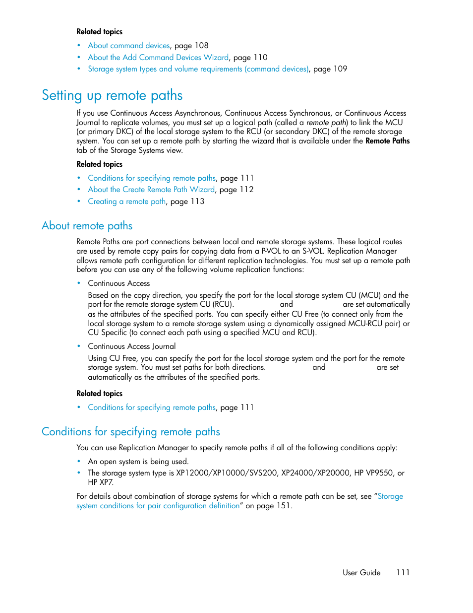 Setting up remote paths, About remote paths, Conditions for specifying remote paths | 111 conditions for specifying remote paths | HP XP P9000 Command View Advanced Edition Software User Manual | Page 111 / 496