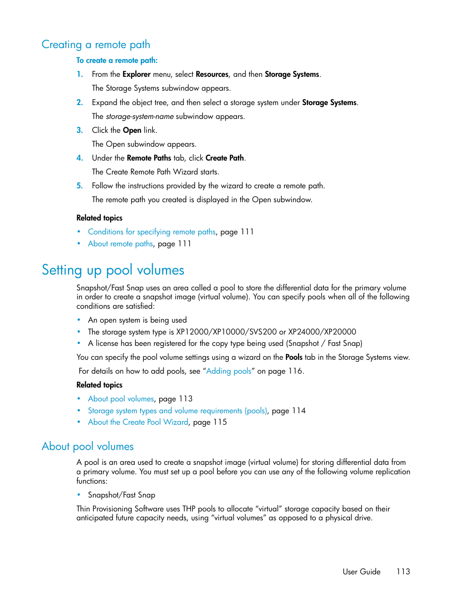 Creating a remote path, Setting up pool volumes, About pool volumes | HP XP P9000 Command View Advanced Edition Software User Manual | Page 113 / 496