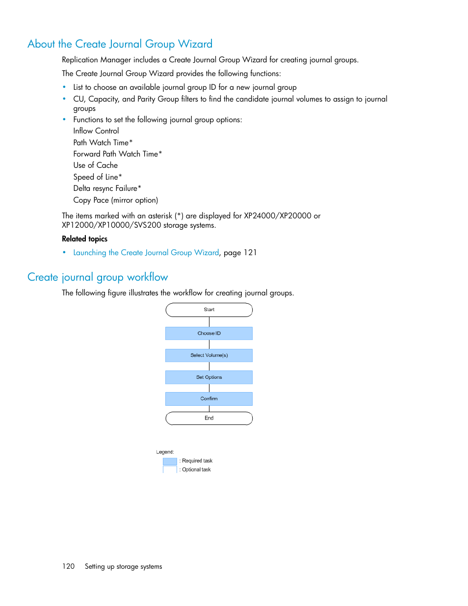 About the create journal group wizard, Create journal group workflow, 120 create journal group workflow | HP XP P9000 Command View Advanced Edition Software User Manual | Page 120 / 496