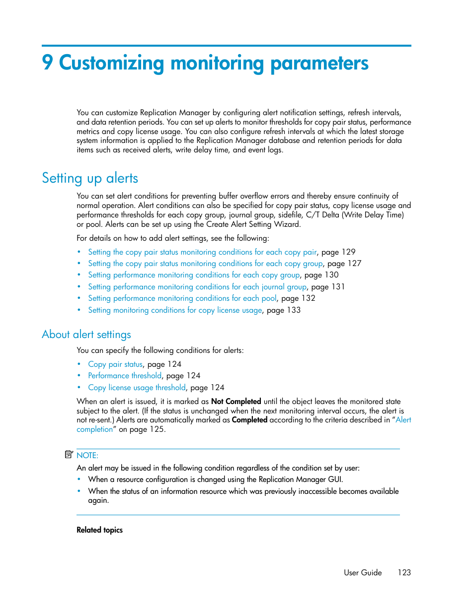 9 customizing monitoring parameters, Setting up alerts, About alert settings | Chapter 9 | HP XP P9000 Command View Advanced Edition Software User Manual | Page 123 / 496