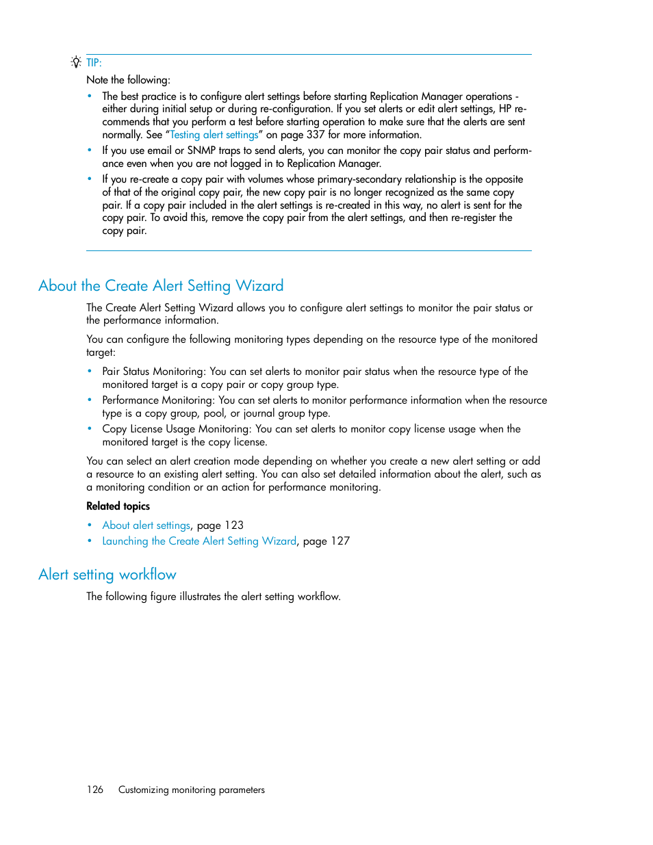 About the create alert setting wizard, Alert setting workflow, 126 alert setting workflow | HP XP P9000 Command View Advanced Edition Software User Manual | Page 126 / 496