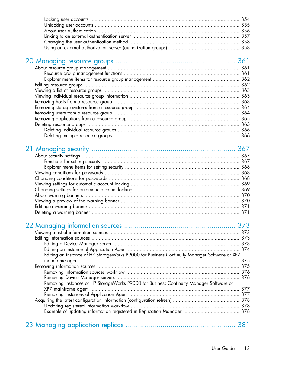 20 managing resource groups, 21 managing security, 22 managing information sources | 23 managing application replicas | HP XP P9000 Command View Advanced Edition Software User Manual | Page 13 / 496