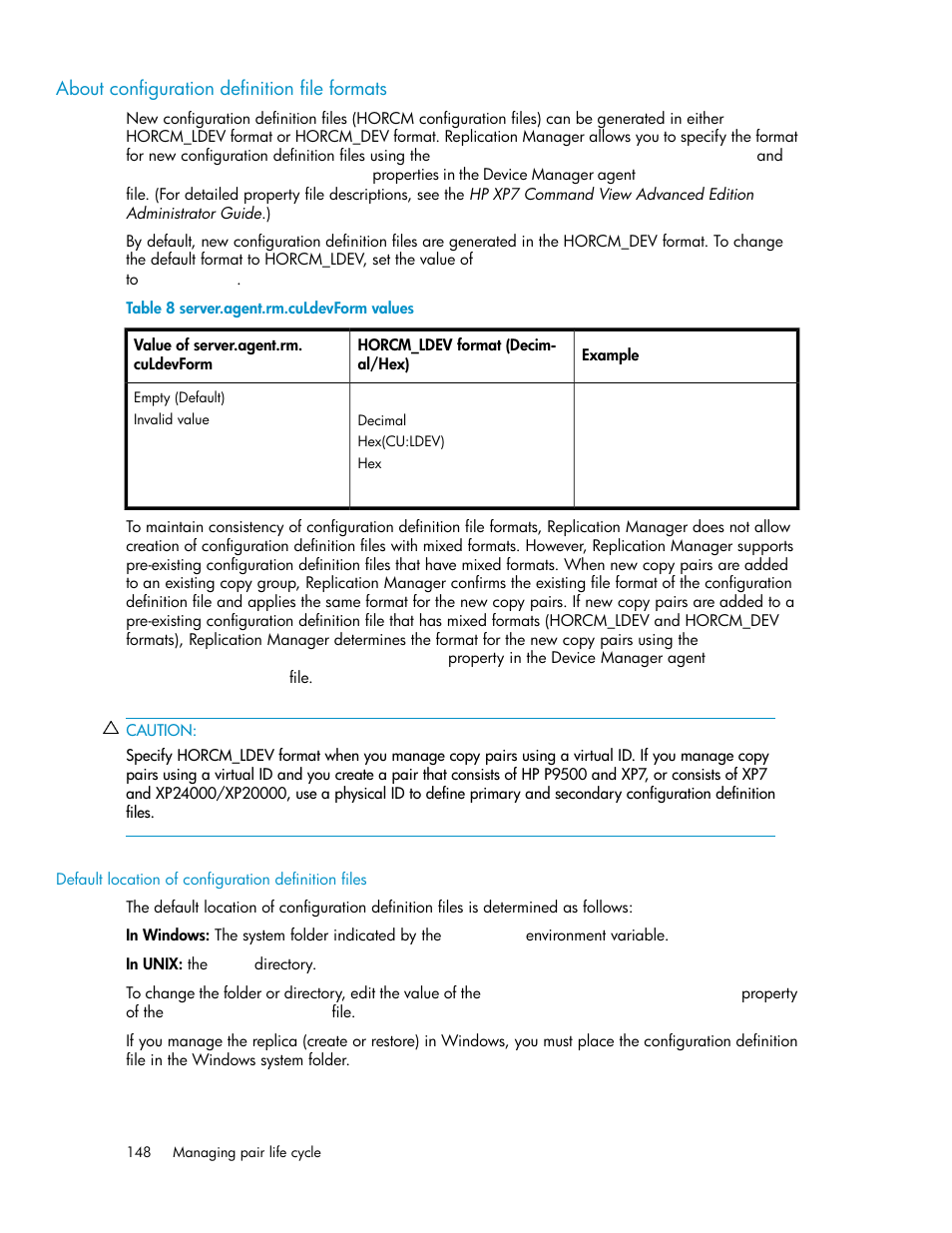 About configuration definition file formats, Server.agent.rm.culdevform values | HP XP P9000 Command View Advanced Edition Software User Manual | Page 148 / 496