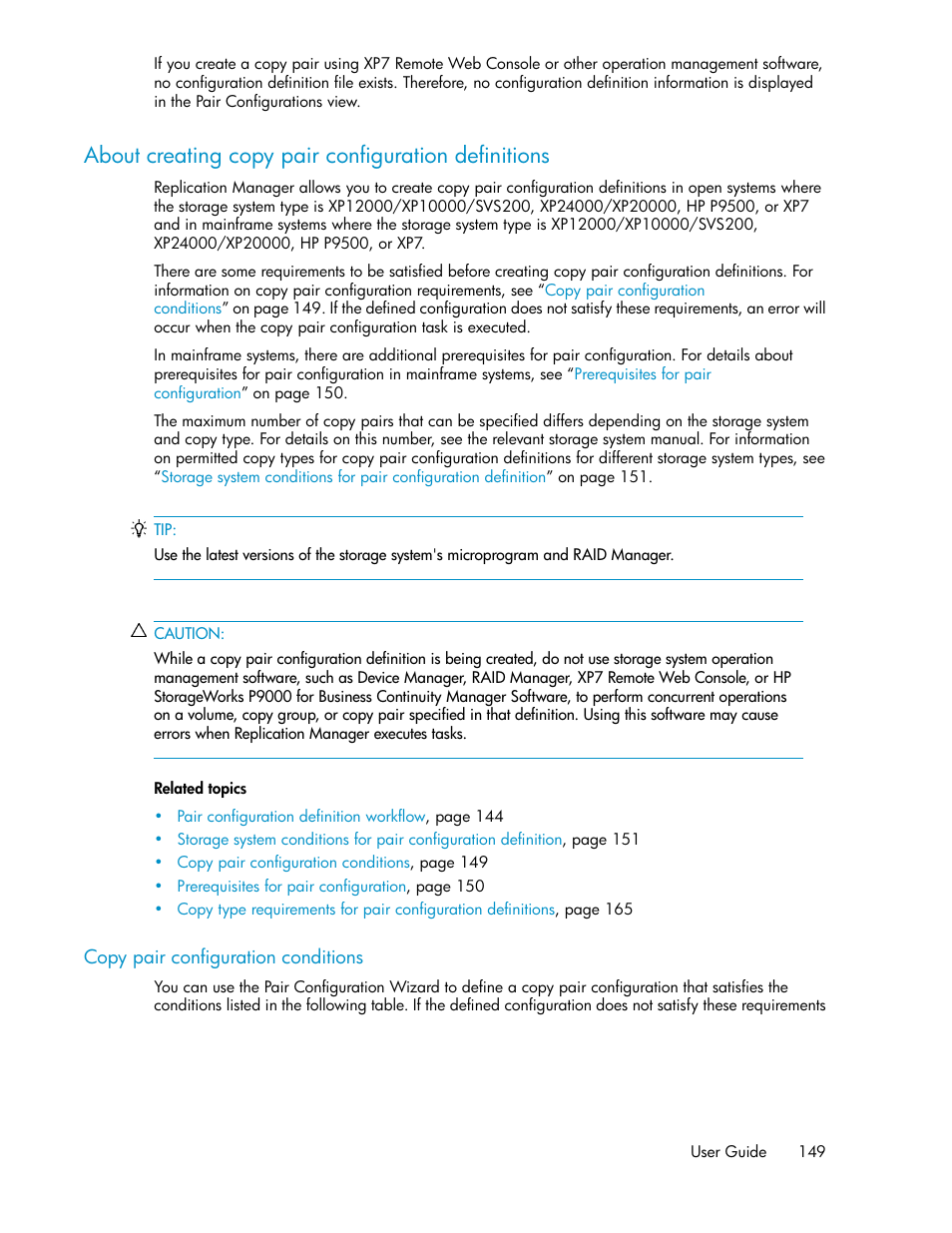 About creating copy pair configuration definitions, Copy pair configuration conditions | HP XP P9000 Command View Advanced Edition Software User Manual | Page 149 / 496