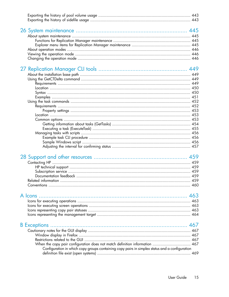 26 system maintenance, 27 replication manager cli tools, 28 support and other resources | A icons, B exceptions | HP XP P9000 Command View Advanced Edition Software User Manual | Page 15 / 496