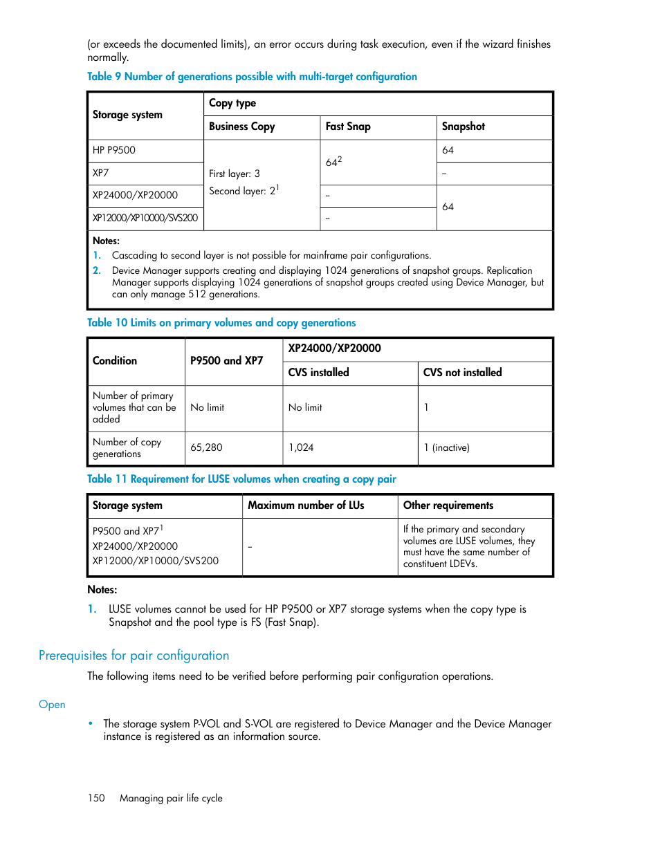 Prerequisites for pair configuration, Limits on primary volumes and copy generations, Prerequisites for pair | Configuration | HP XP P9000 Command View Advanced Edition Software User Manual | Page 150 / 496