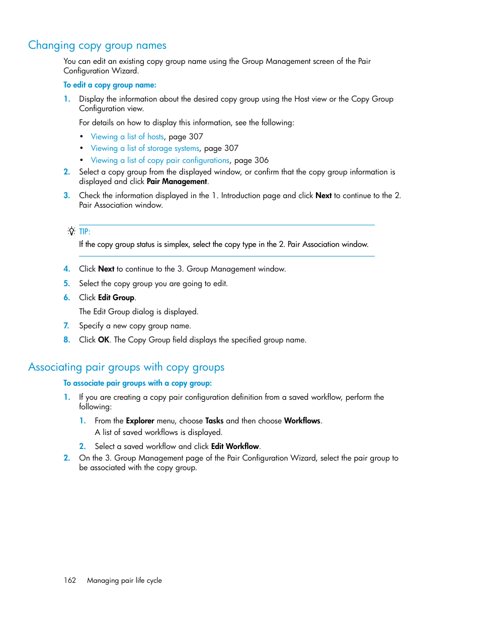 Changing copy group names, Associating pair groups with copy groups, 162 associating pair groups with copy groups | HP XP P9000 Command View Advanced Edition Software User Manual | Page 162 / 496