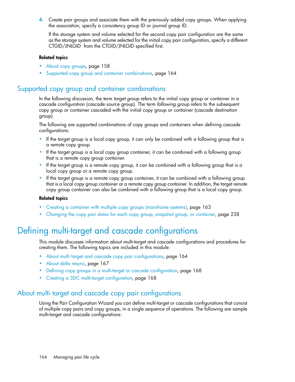 Supported copy group and container combinations, Defining multi-target and cascade configurations | HP XP P9000 Command View Advanced Edition Software User Manual | Page 164 / 496