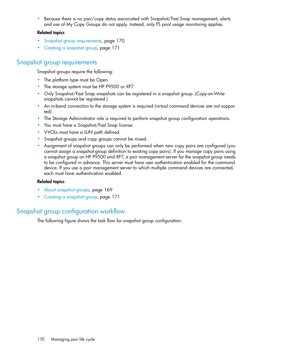 Snapshot group requirements, Snapshot group configuration workflow, 170 snapshot group configuration workflow | HP XP P9000 Command View Advanced Edition Software User Manual | Page 170 / 496