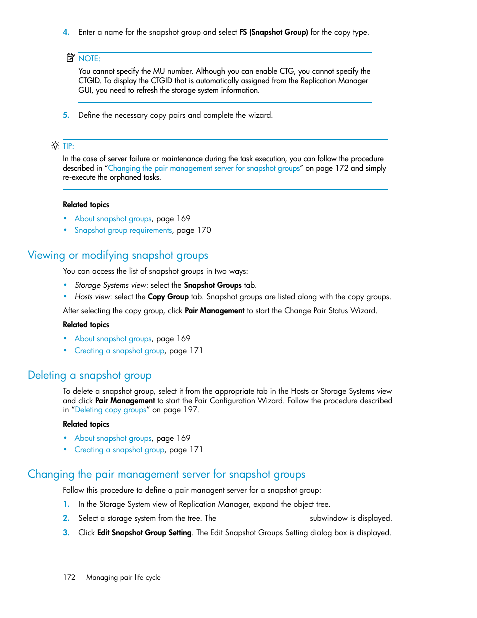 Viewing or modifying snapshot groups, Deleting a snapshot group, 172 deleting a snapshot group | Changing the pair management server for, Snapshot groups | HP XP P9000 Command View Advanced Edition Software User Manual | Page 172 / 496