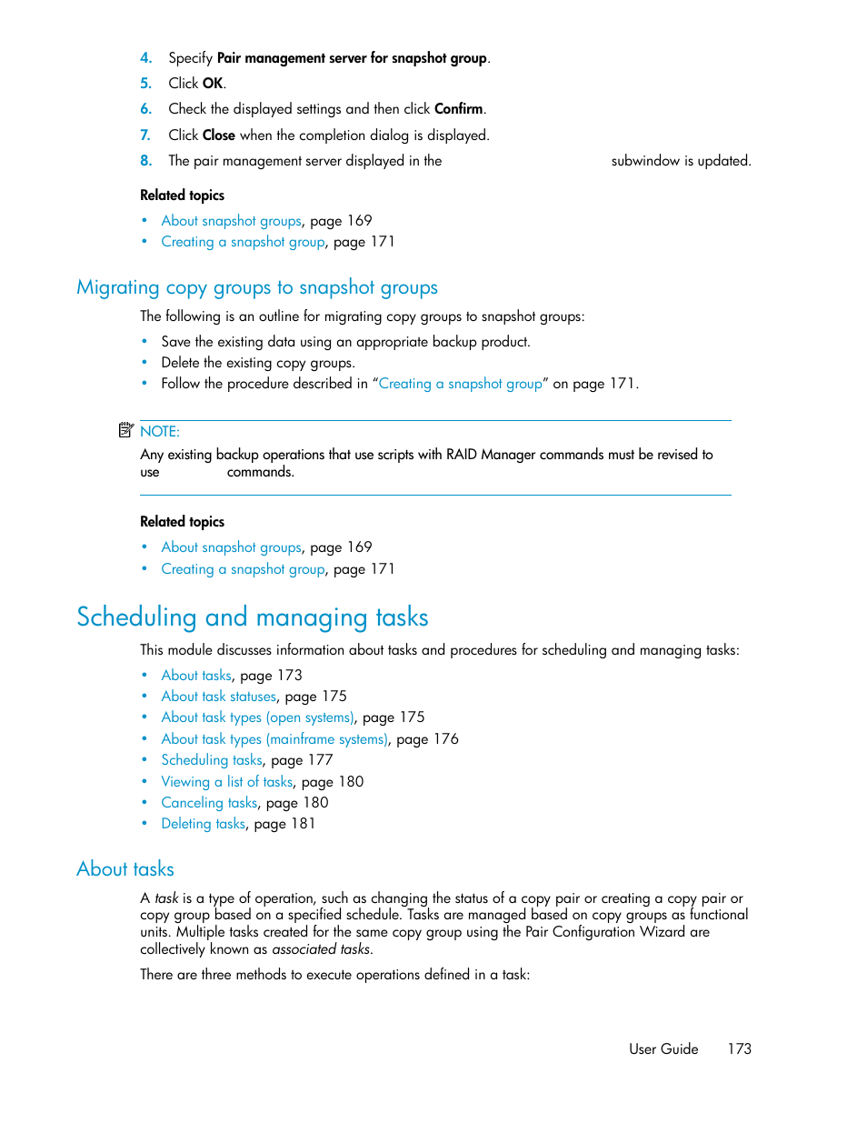 Migrating copy groups to snapshot groups, Scheduling and managing tasks, About tasks | HP XP P9000 Command View Advanced Edition Software User Manual | Page 173 / 496