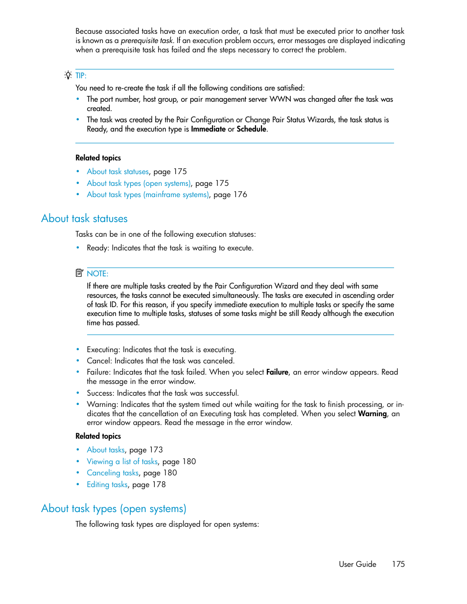 About task statuses, About task types (open systems), 175 about task types (open systems) | HP XP P9000 Command View Advanced Edition Software User Manual | Page 175 / 496