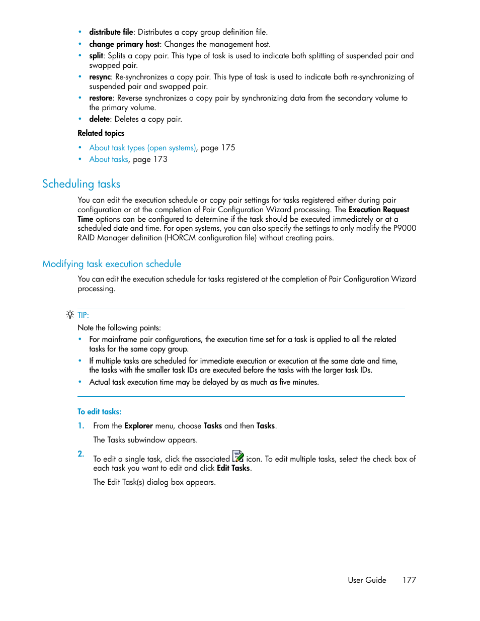 Scheduling tasks, Modifying task execution schedule | HP XP P9000 Command View Advanced Edition Software User Manual | Page 177 / 496