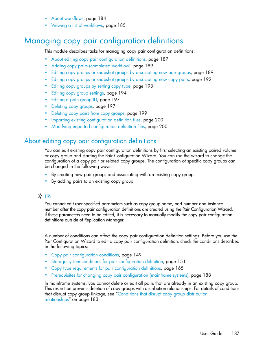 Managing copy pair configuration definitions, About editing copy pair configuration definitions | HP XP P9000 Command View Advanced Edition Software User Manual | Page 187 / 496