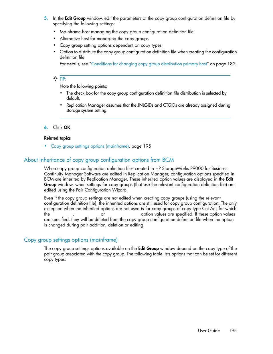 Copy group settings options (mainframe), 195 copy group settings options (mainframe) | HP XP P9000 Command View Advanced Edition Software User Manual | Page 195 / 496