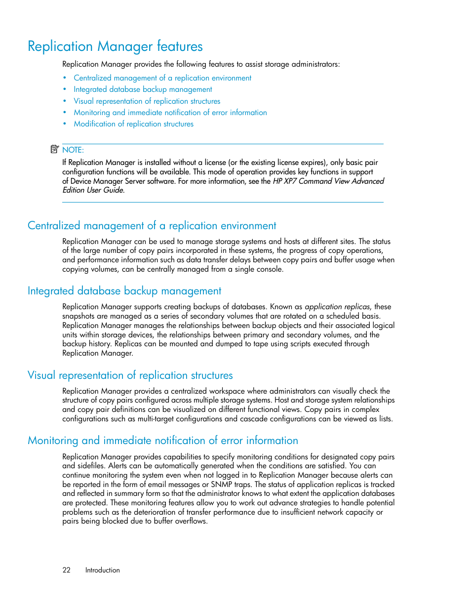 Replication manager features, Integrated database backup management, Visual representation of replication structures | HP XP P9000 Command View Advanced Edition Software User Manual | Page 22 / 496