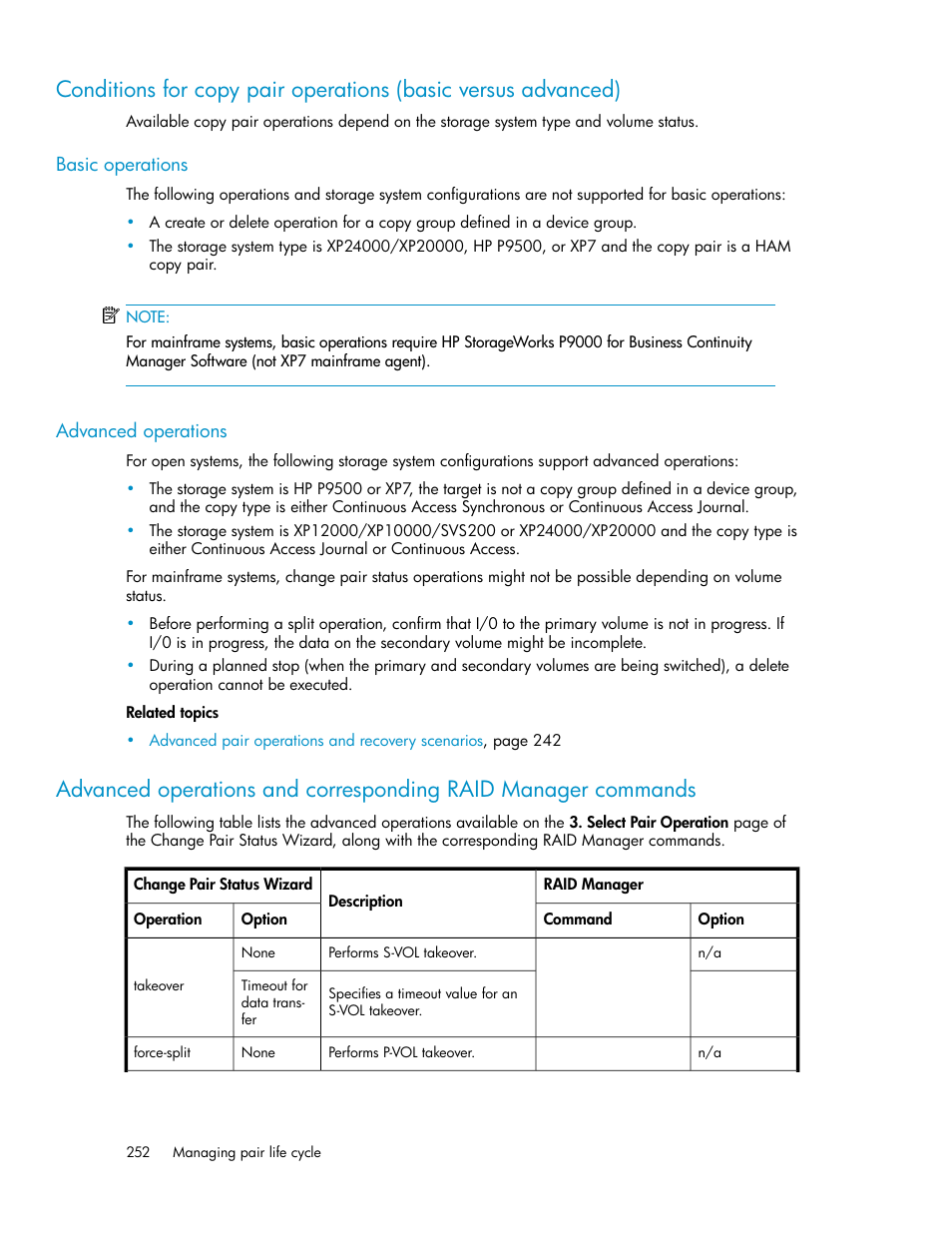 Advanced, Operations and corresponding raid manager commands | HP XP P9000 Command View Advanced Edition Software User Manual | Page 252 / 496