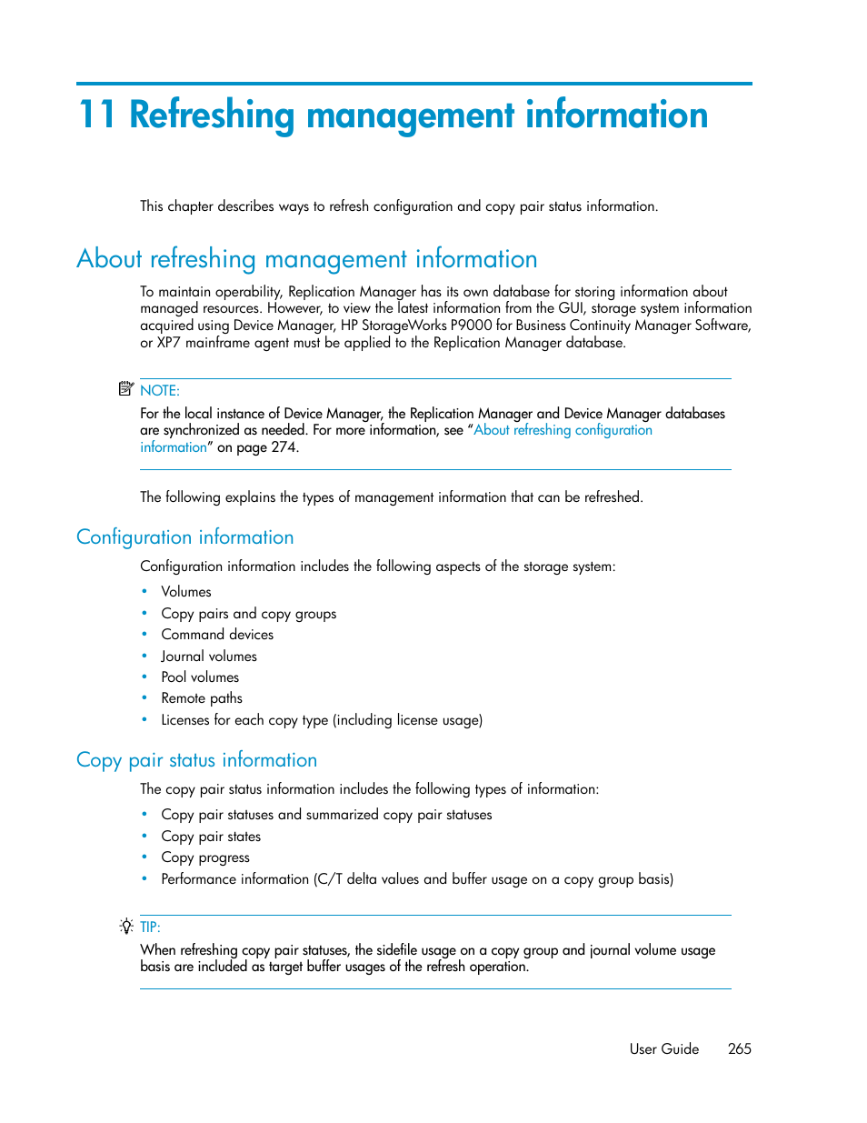 11 refreshing management information, About refreshing management information, Configuration information | Copy pair status information | HP XP P9000 Command View Advanced Edition Software User Manual | Page 265 / 496