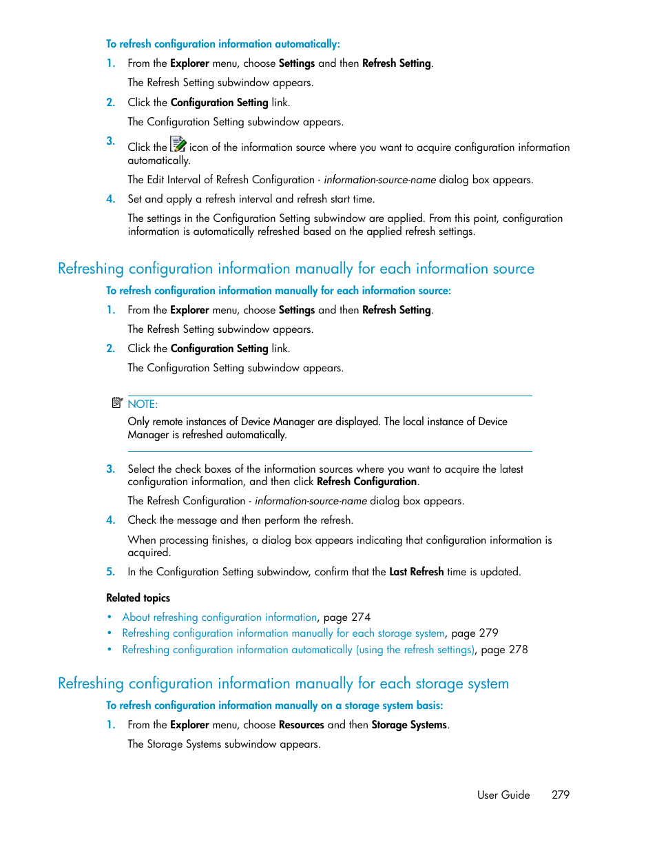 Refreshing, Refreshing configuration, Information manually for each information source | Source | HP XP P9000 Command View Advanced Edition Software User Manual | Page 279 / 496