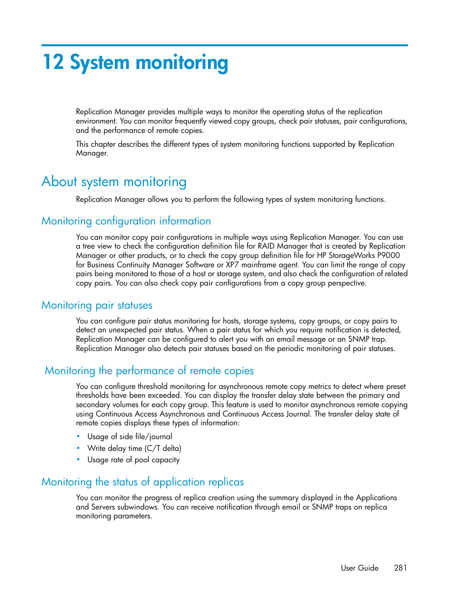 12 system monitoring, About system monitoring, Chapter 12 | HP XP P9000 Command View Advanced Edition Software User Manual | Page 281 / 496