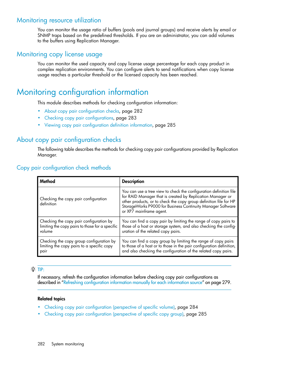 Monitoring configuration information, About copy pair configuration checks, Monitoring resource utilization | Monitoring copy license usage | HP XP P9000 Command View Advanced Edition Software User Manual | Page 282 / 496