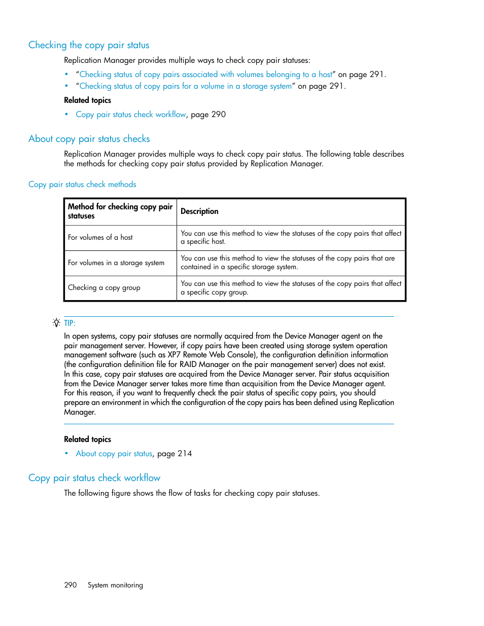 Checking the copy pair status, About copy pair status checks, Copy pair status check workflow | 290 about copy pair status checks, 290 copy pair status check workflow | HP XP P9000 Command View Advanced Edition Software User Manual | Page 290 / 496